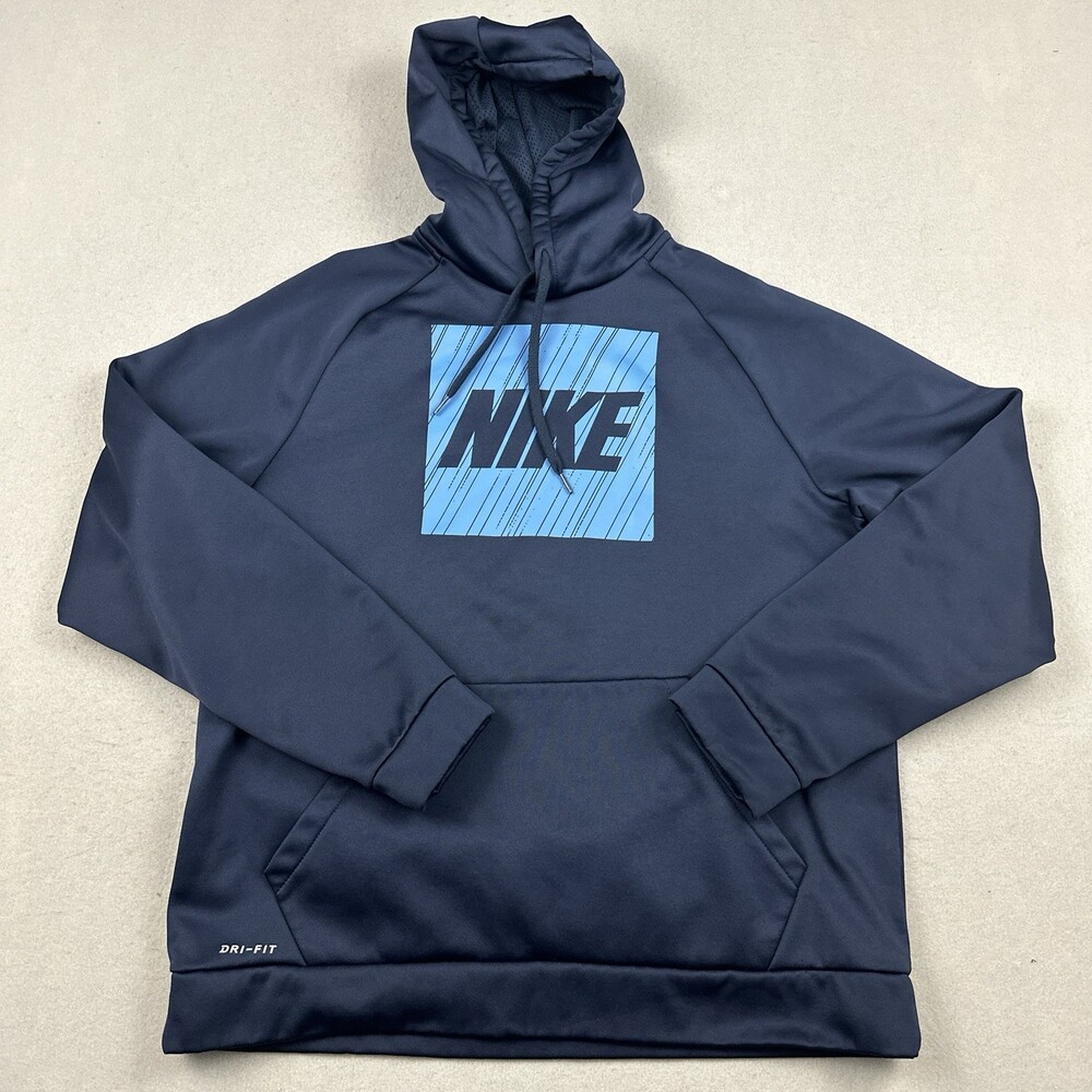 Nike Hoodie Men Extra Large Blue Solid Pullover Pockets Block Swoosh Dri Fit XL